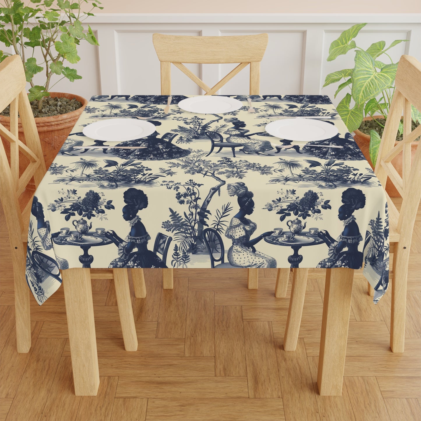 Toile de jouy Table Cloth, Blue Floral Table Cloth, Cream Table Cloth, Toile Home Decor Table Cloth, African American Women Art Table Cloth