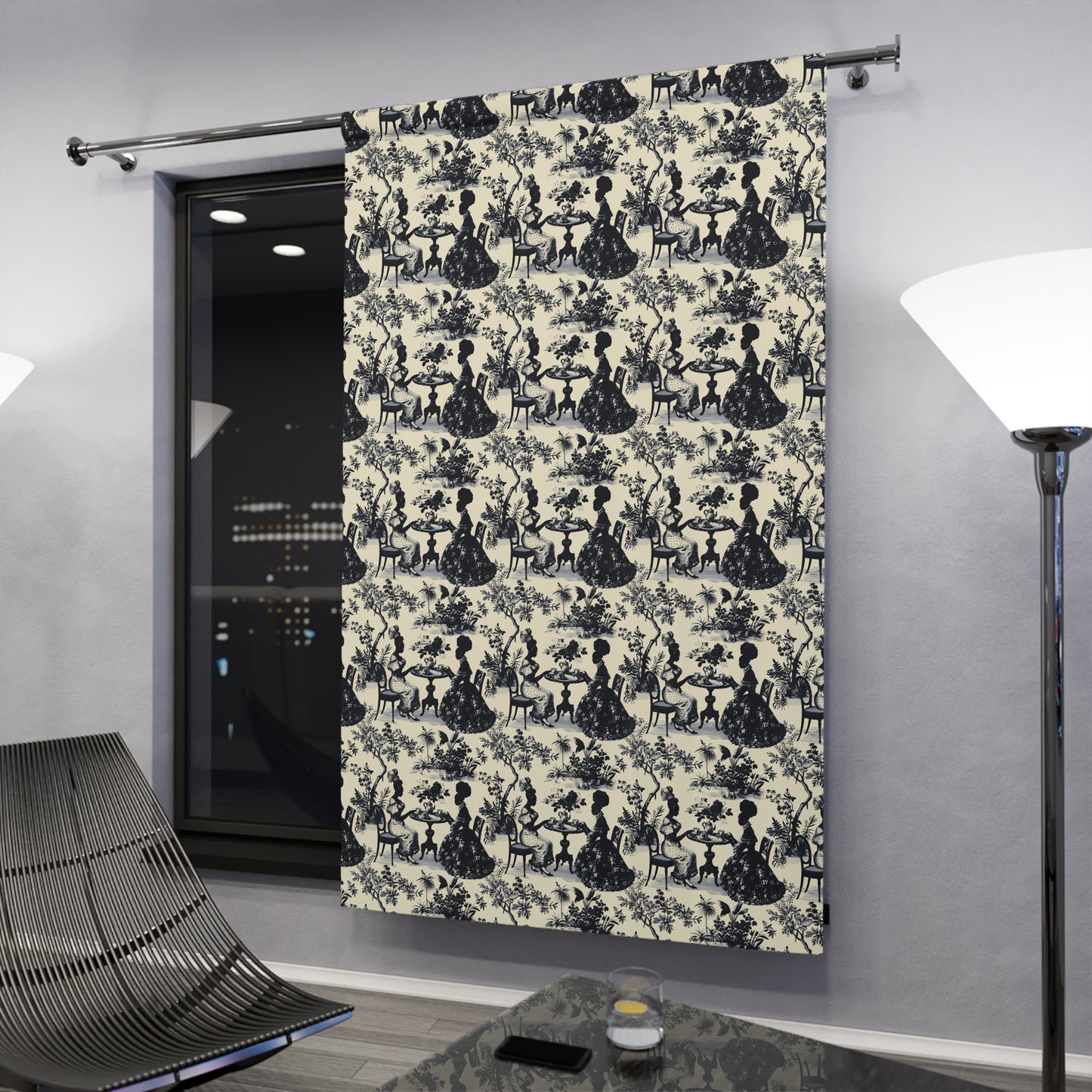 1-Panel High Tea in the Garden Black Toile de Jouy Elegant Window Curtain, Black Floral Drapes, Vintage Style, French Country Curtains