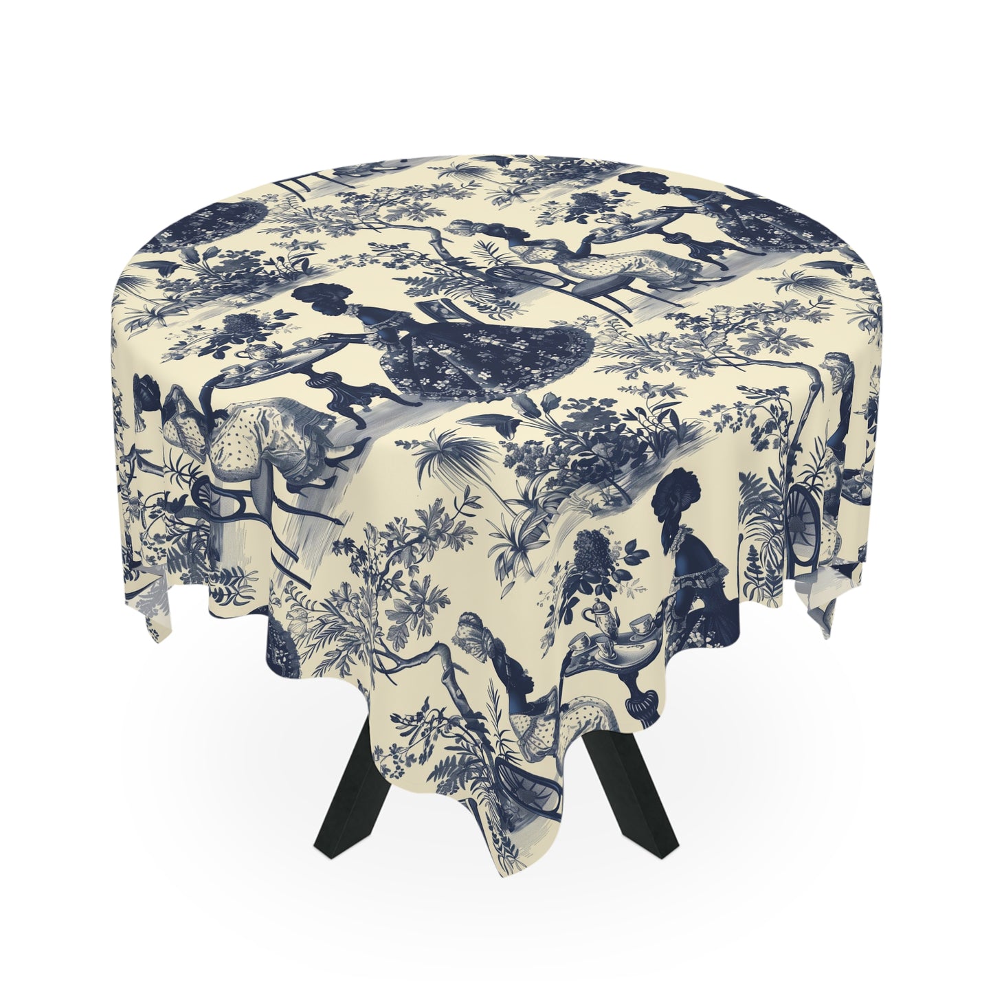 Toile de jouy Table Cloth, Blue Floral Table Cloth, Cream Table Cloth, Toile Home Decor Table Cloth, African American Women Art Table Cloth