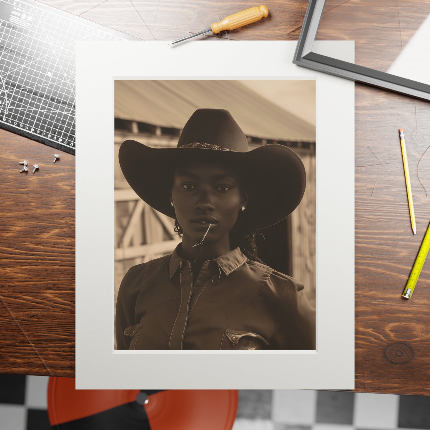 Black Cowgirl, Fine Art Prints (Passepartout Paper Frame)