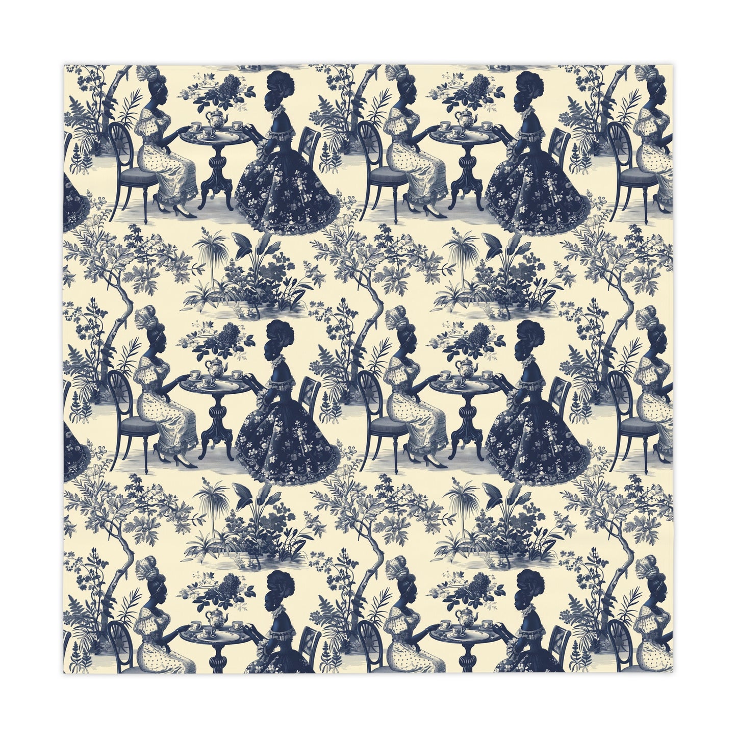 Toile de jouy Table Cloth, Blue Floral Table Cloth, Cream Table Cloth, Toile Home Decor Table Cloth, African American Women Art Table Cloth
