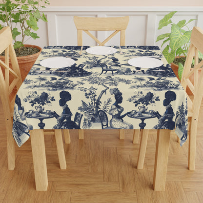 Toile de jouy Table Cloth, Blue Floral Table Cloth, Cream Table Cloth, Toile Home Decor Table Cloth, African American Women Art Table Cloth