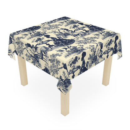 Toile de jouy Table Cloth, Blue Floral Table Cloth, Cream Table Cloth, Toile Home Decor Table Cloth, African American Women Art Table Cloth