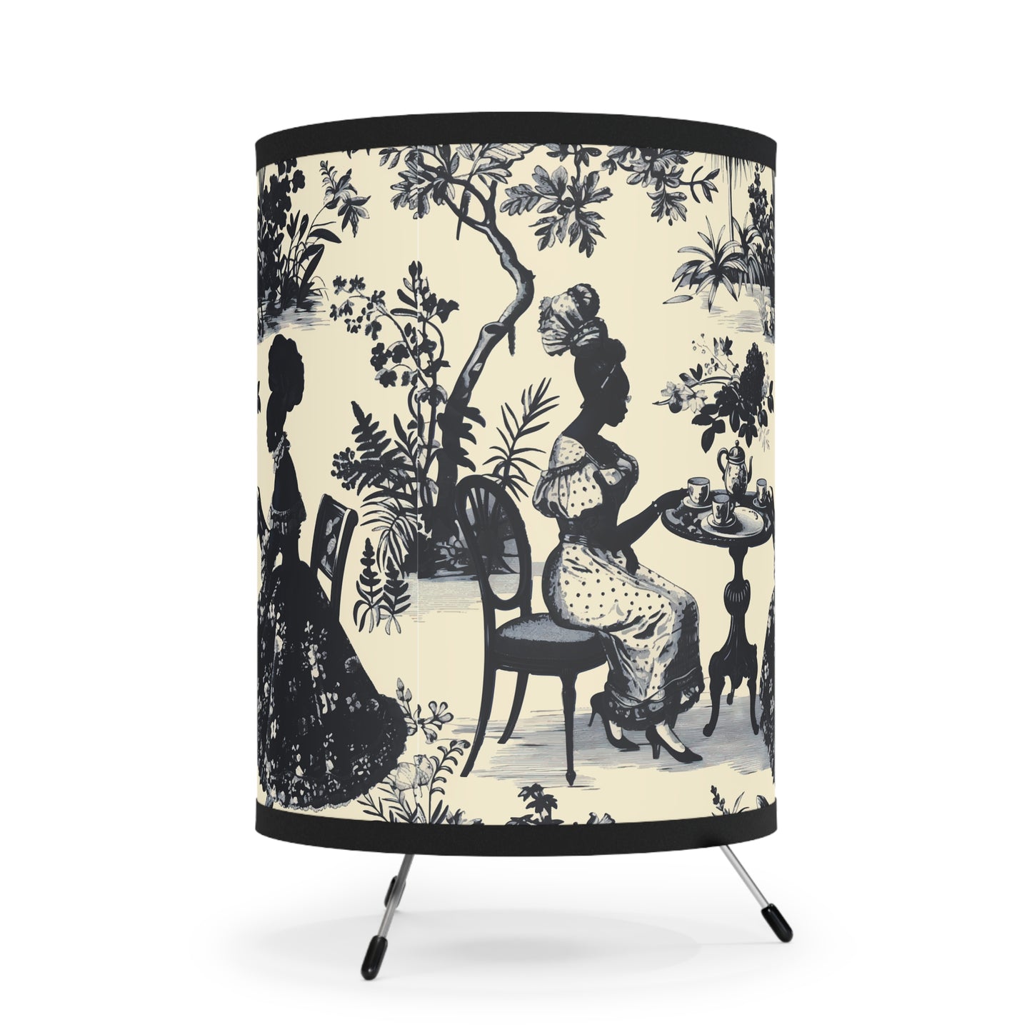 Black High Tea in the Garden Toile de Jouy | Tripod Lamp with High-Res Printed Shade, US\CA plug