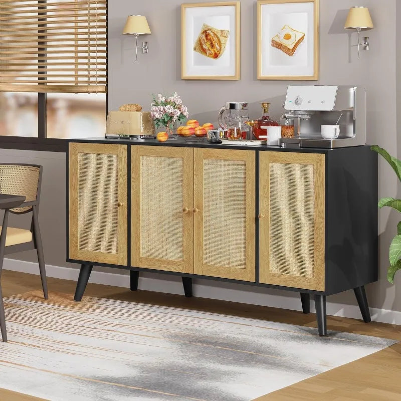 Mid Century Modern Sideboard Buffet Cabinet with Storage and Rattan Cabinetry