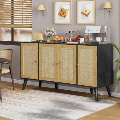 Mid Century Modern Sideboard Buffet Cabinet with Storage and Rattan Cabinetry
