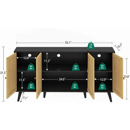Mid Century Modern Sideboard Buffet Cabinet with Storage and Rattan Cabinetry