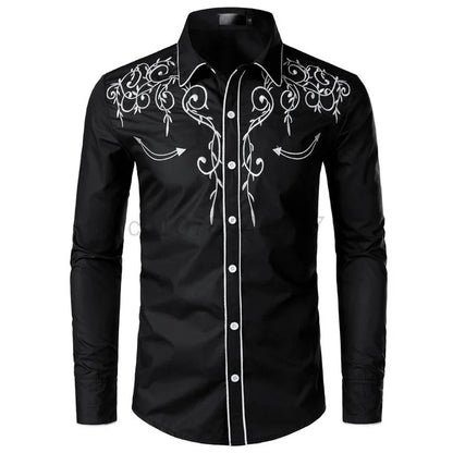 Western Cowboy Shirts Men Long Sleeve Embroidered Shirts Spring Autumn Slim Fit Casual Button Down Black White Shirt Male