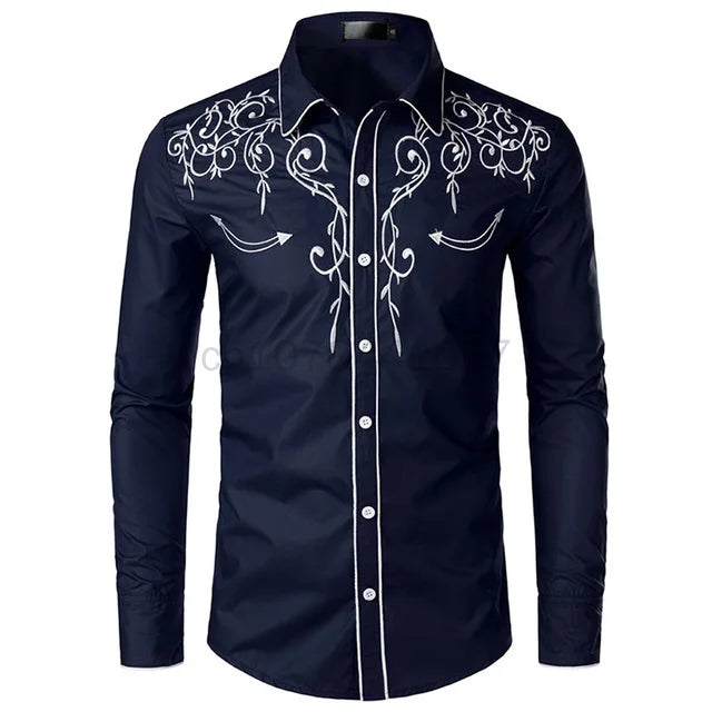 Western Cowboy Shirts Men Long Sleeve Embroidered Shirts Spring Autumn Slim Fit Casual Button Down Black White Shirt Male