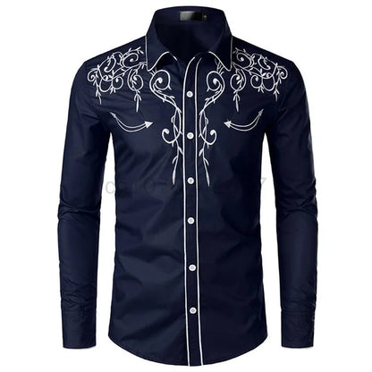Western Cowboy Shirts Men Long Sleeve Embroidered Shirts Spring Autumn Slim Fit Casual Button Down Black White Shirt Male