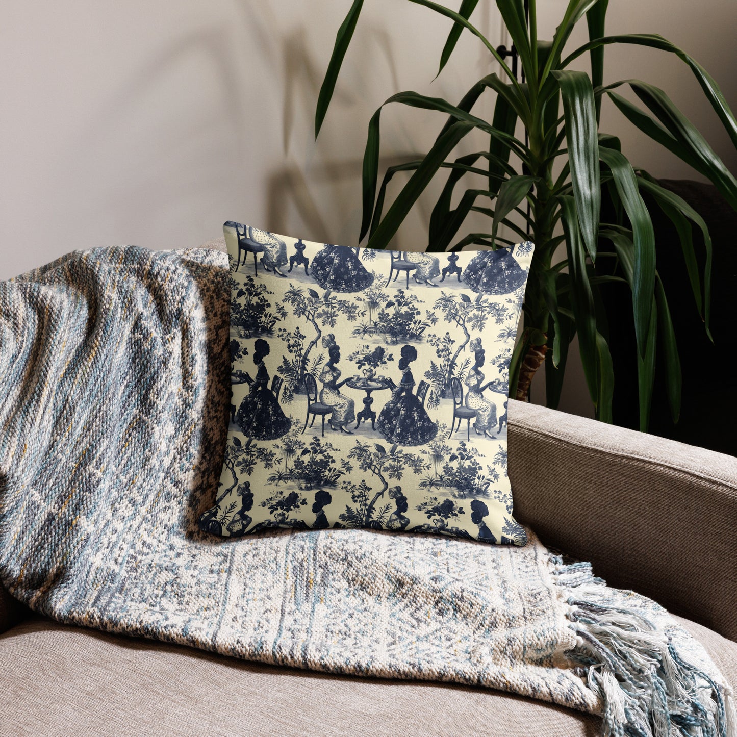 French toile de jouy Premium Pillow, Blue Floral Pillow, Cream Pillow, Toile Home Decor Premium Pillow, African American Women Art Home Decor