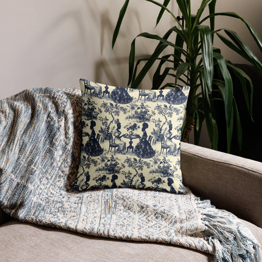 French toile de jouy Premium Pillow, Blue Floral Pillow, Cream Pillow, Toile Home Decor Premium Pillow, African American Women Art Home Decor