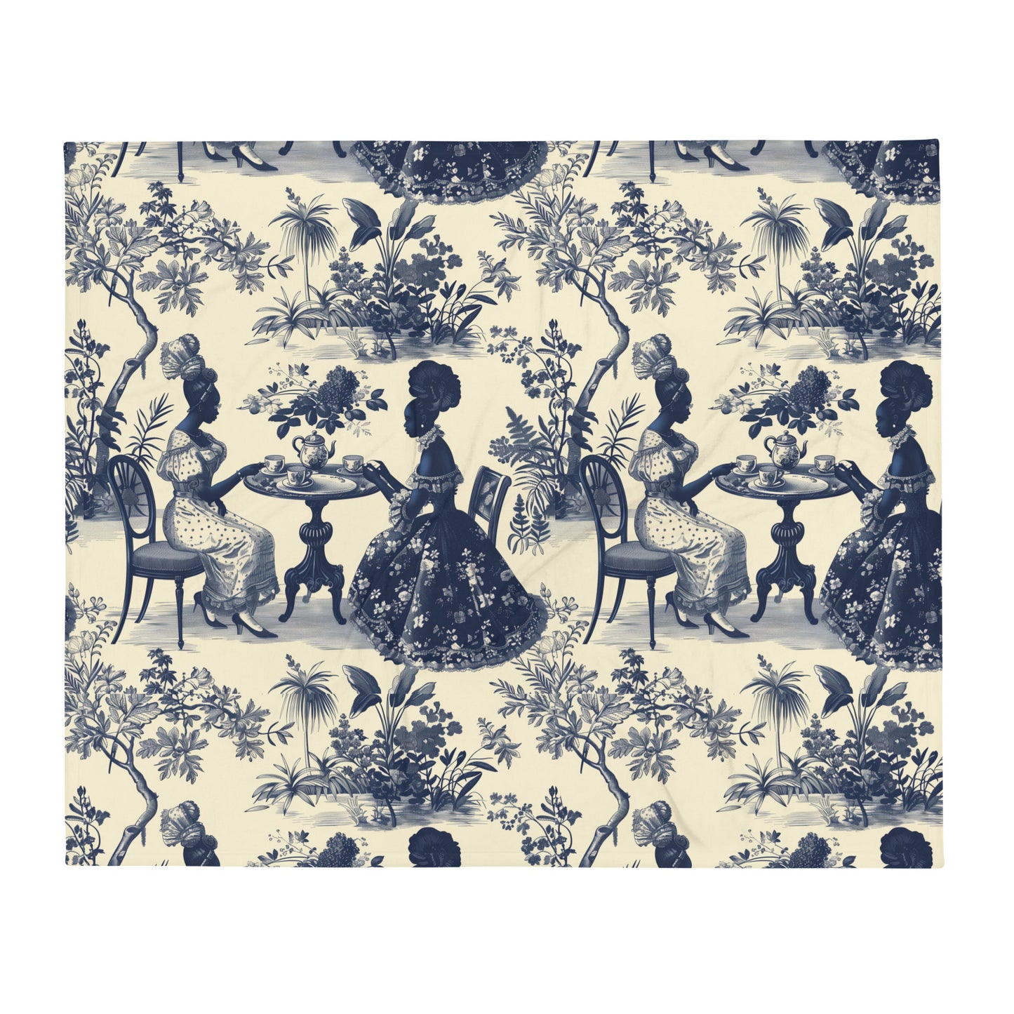 Toile de jouy Throw Blanket, Blue Floral Blanket, Cream Blanket, Toile Home Decor Blanket, African American Women Art, Black Art Decor