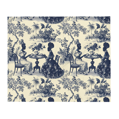 Toile de jouy Throw Blanket, Blue Floral Blanket, Cream Blanket, Toile Home Decor Blanket, African American Women Art, Black Art Decor