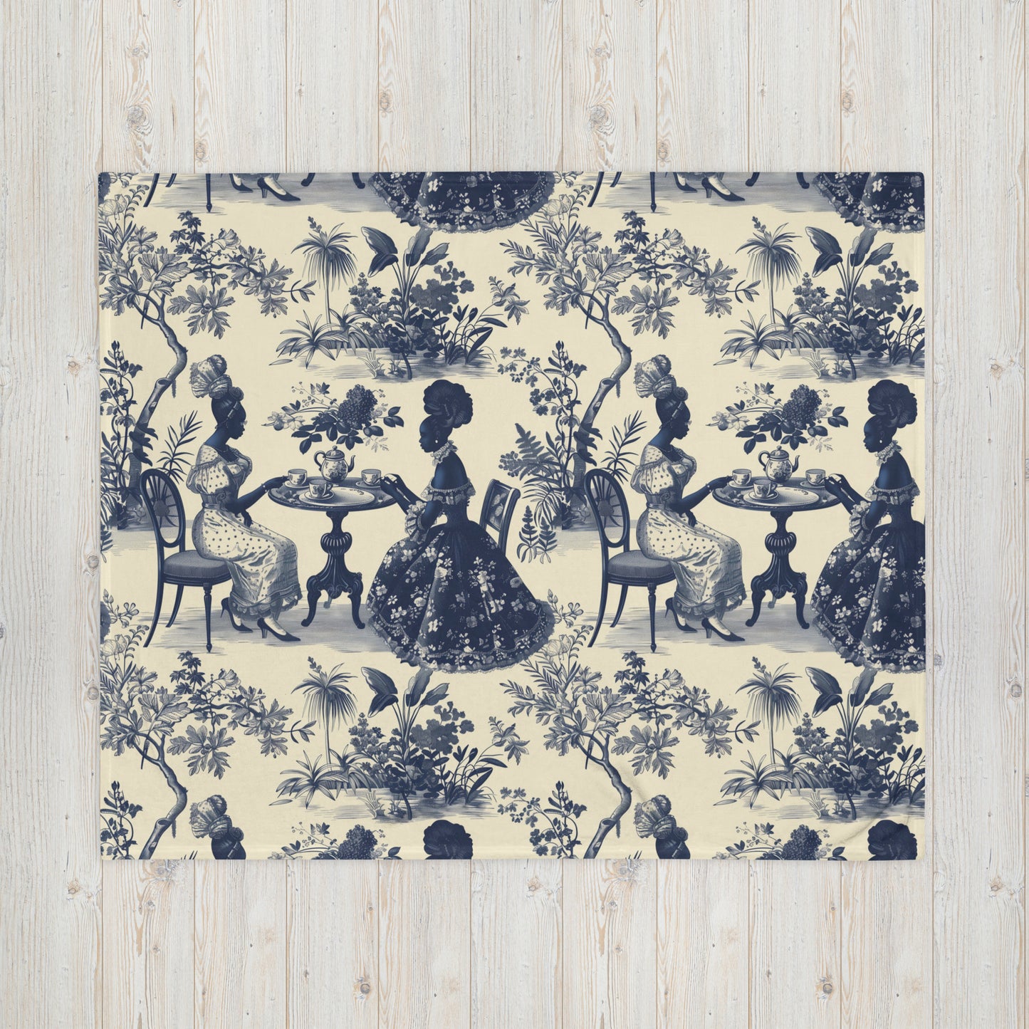 Toile de jouy Throw Blanket, Blue Floral Blanket, Cream Blanket, Toile Home Decor Blanket, African American Women Art, Black Art Decor